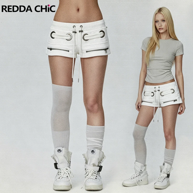 

REDDACHiC Eyelets Cargo Shorts for Women Trendy Retro Zipper Details Drawstring Low Waist Sweat Pants Going OutPunk Streetwear