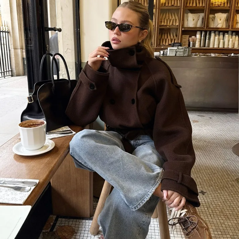 Talenza الخريف الشتاء سترة نسائية موضة خمر جديد مربوط المرقعة معطف غير رسمي عالية الشارع ركاب شيك الإناث ملابس خارجية #4