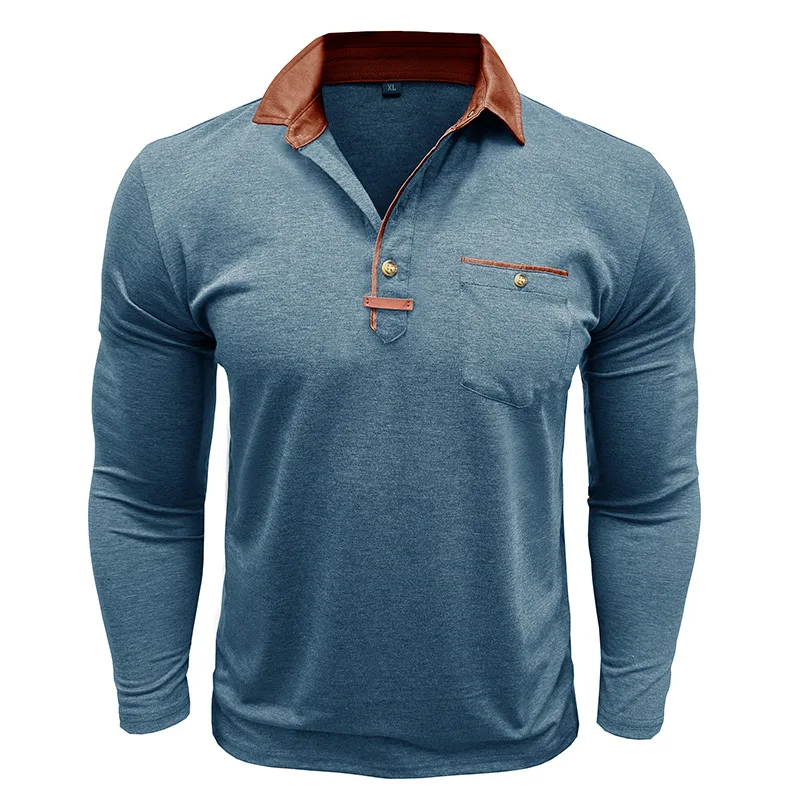 Langarm-Poloshirt für Herren, lässig, schmale Passform, Henley-Kragen, T-Shirt mit Tasche, Smart Blend Tops – Detail 5