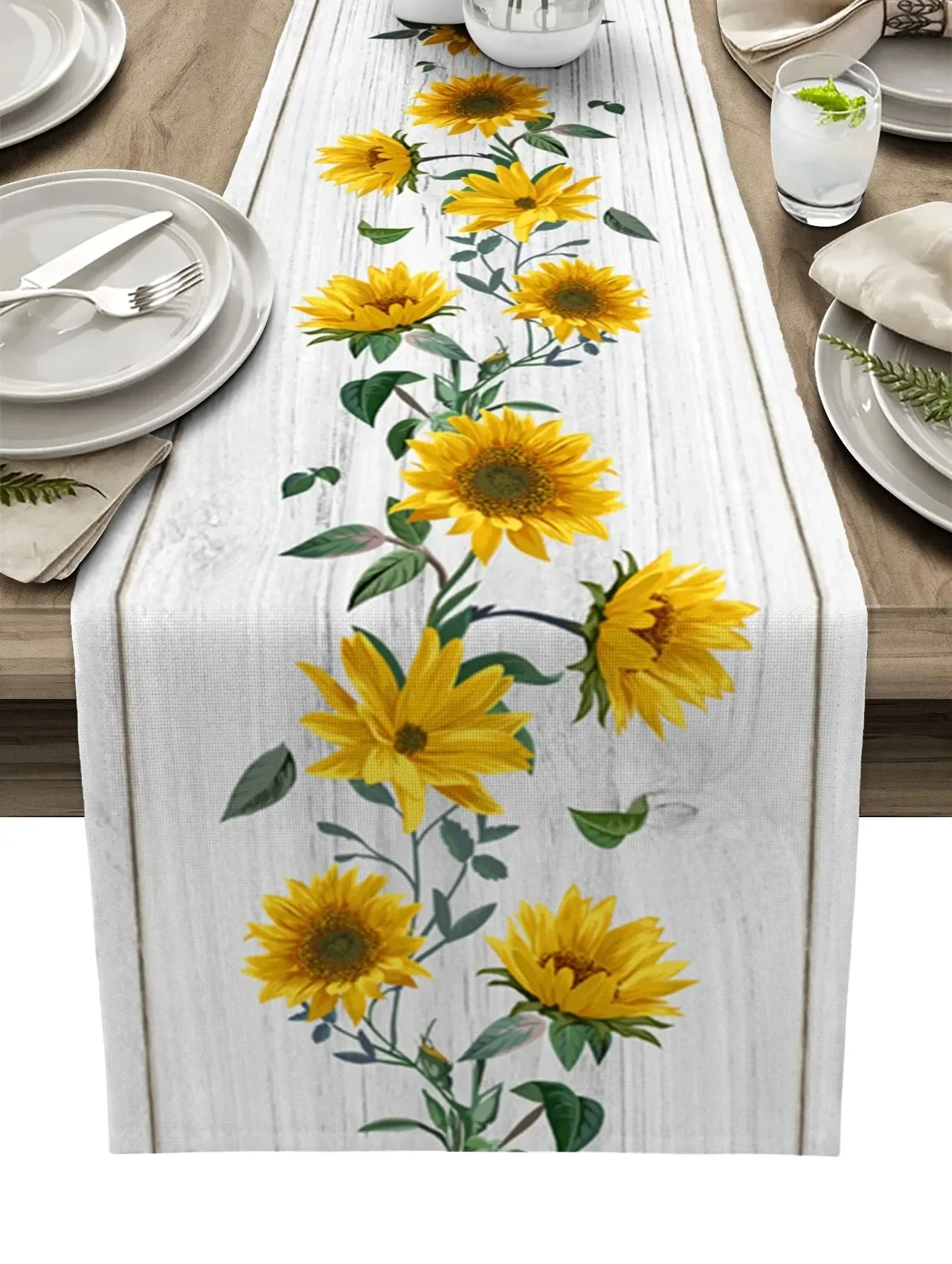 White Wood Grain Table Runner Bright Sunflower Floral Print Green Leaves Farmhouse Style Dining Table Decor