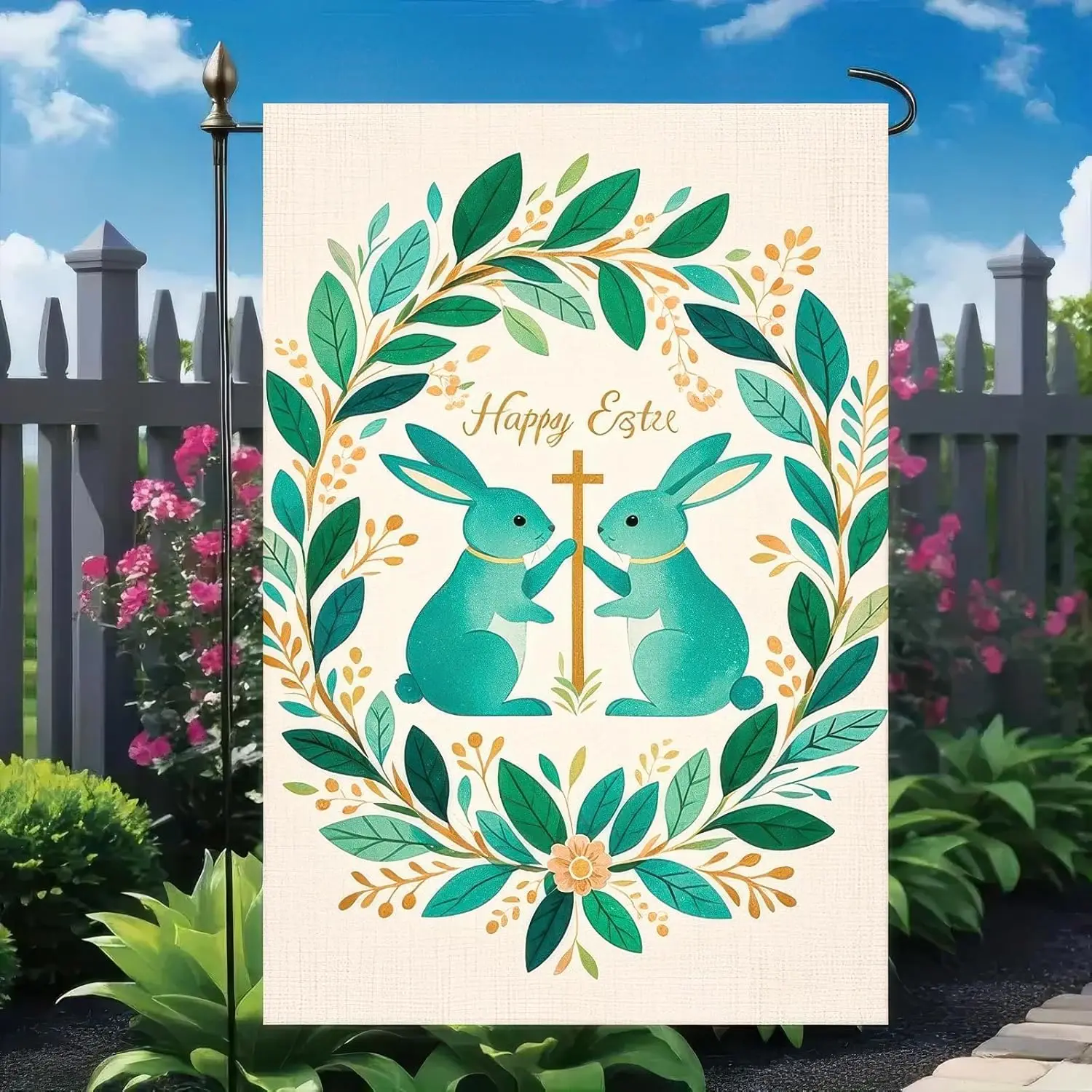 Easter Garden Flag Easter Decorations Double-Sided 12x18 Inch Bunny and Cross Design Backdrop with Floral Wreath Background  SSL
