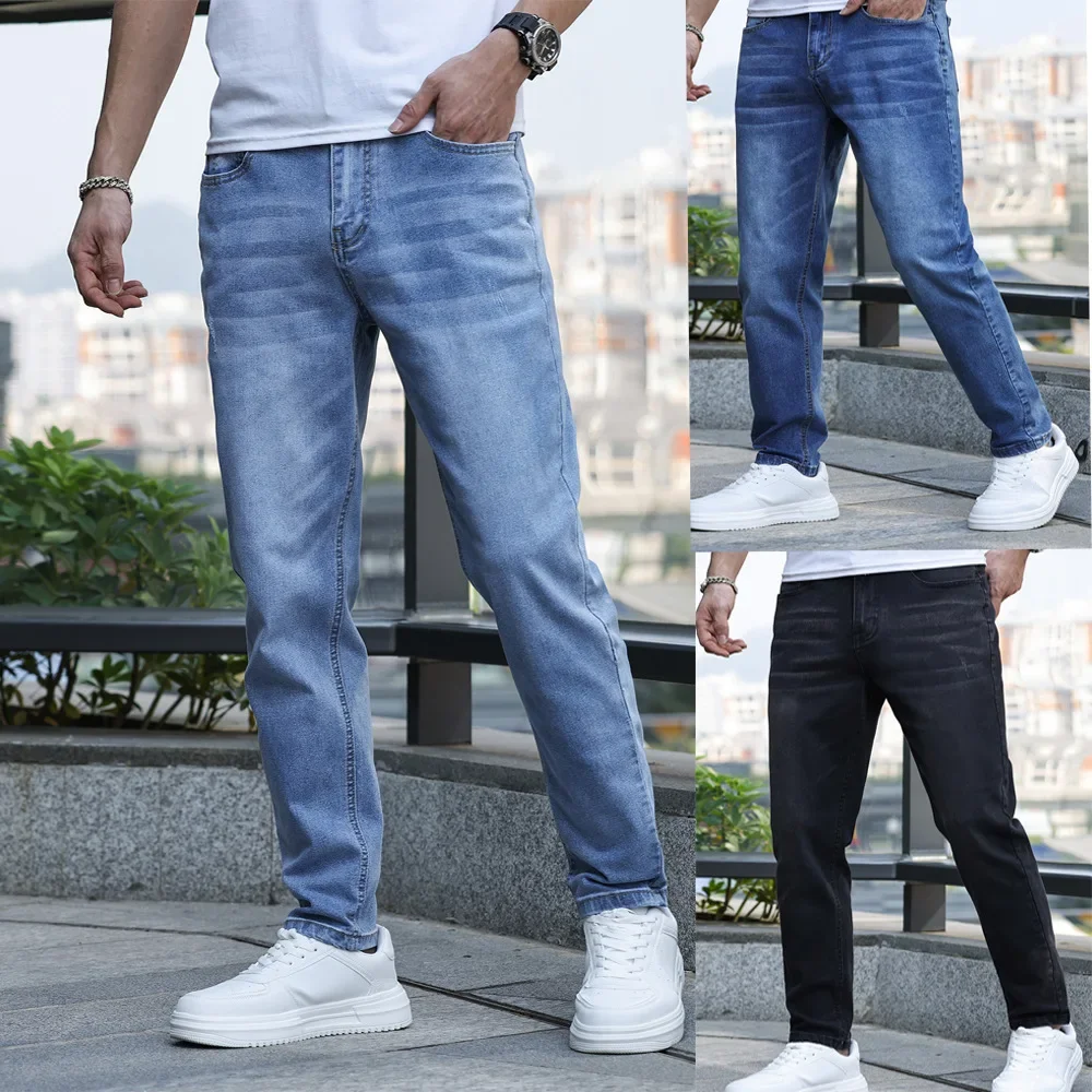 

Jeans Men Straight Pants Washed Distressed Mid Waist Strecth Pockets 2025 Vintage Basics Ankle Length Trousers Denims Streetwear
