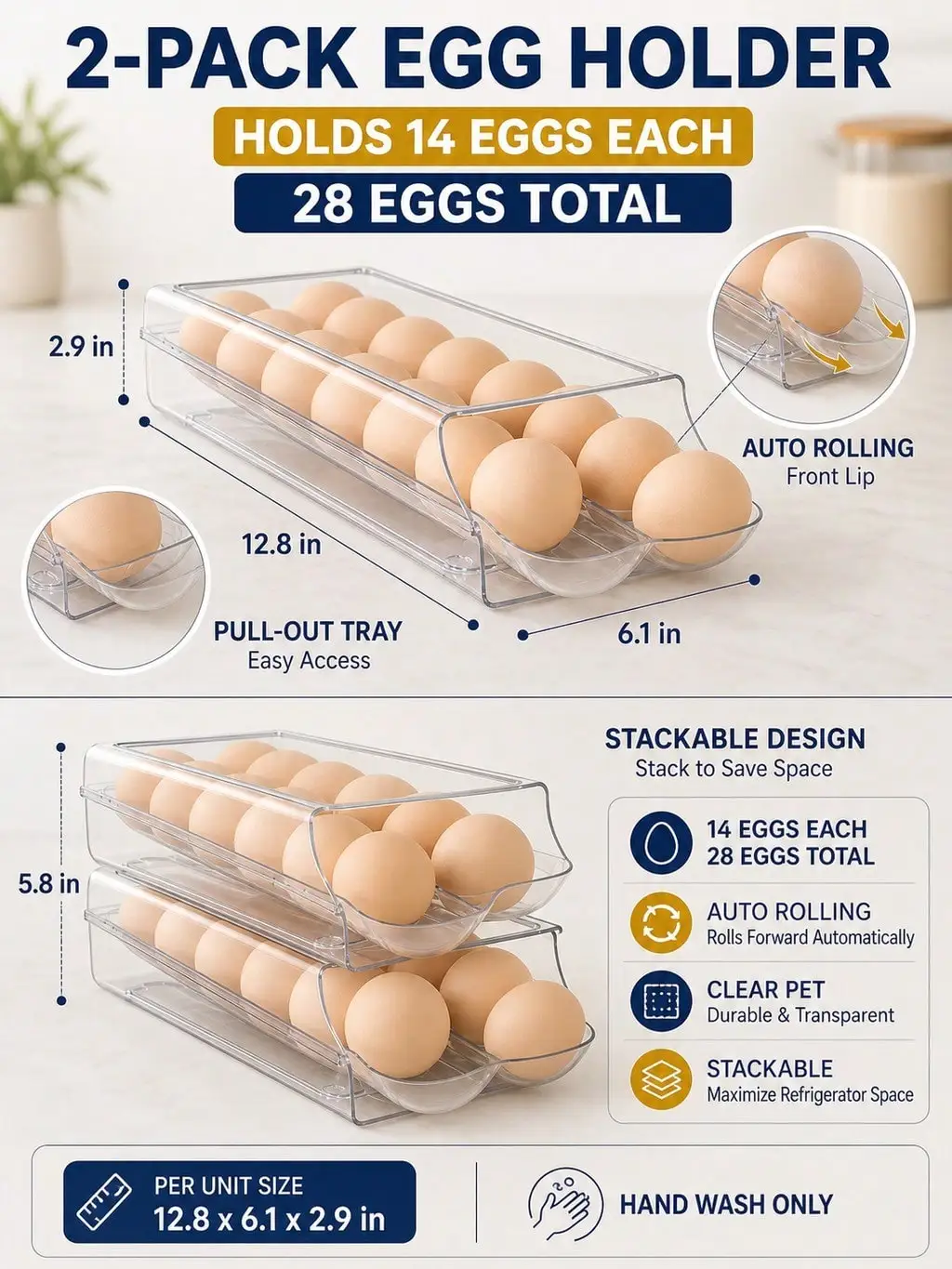 2-Pack Clear Automatic Rolling Egg Holder, Stackable Fridge Drawer Organizer, 28 Eggs Total, Space-Saving Shelf Organizer