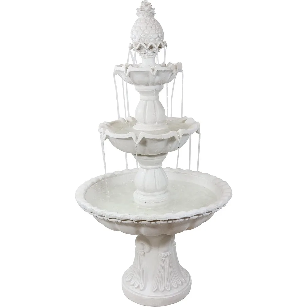 Fuente de agua de 3 niveles de bienvenida de 57 pulgadas de alto - Fuente de agua eléctrica grande con adorno de piña para jardín, patio o patio - Blanco