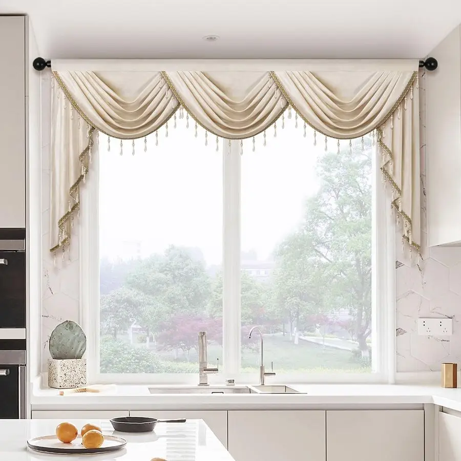 

Cream Velvet Curtain Valances for Living Room with Beads79inch,1 Panel