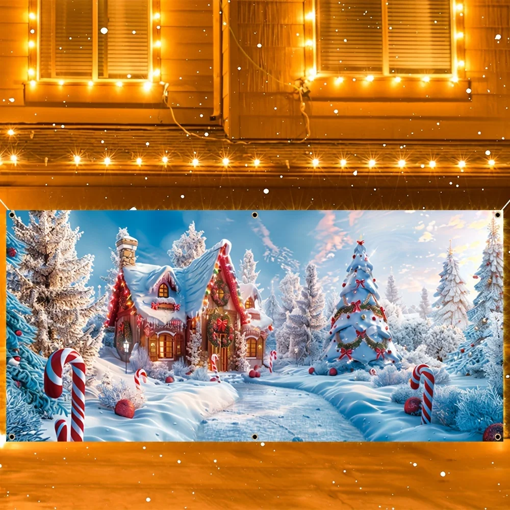 قطعة واحدة، لافتة جراج عيد الميلاد، بوليستر متين، تصميم بيت الثلج وشجرة عيد الميلاد، ديكور فني جداري منزلي احتفالي