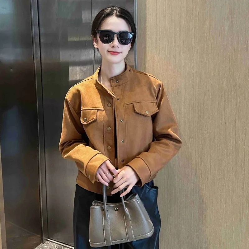Short Design Long Sleeved Deer Skin Velvet Small Fragrant Style Jacket for Women's Spring Autumn New Style Loose Slim Short Top
