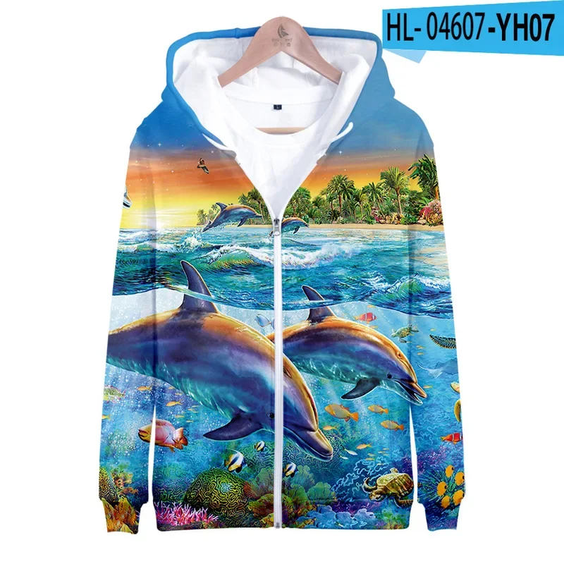 Moletom com capuz 3D com estampa Dolphin para homens e mulheres, moletom com zíper, moletom animal Hip Hop Streetwear com capuz, jaqueta esportiva casual masculina