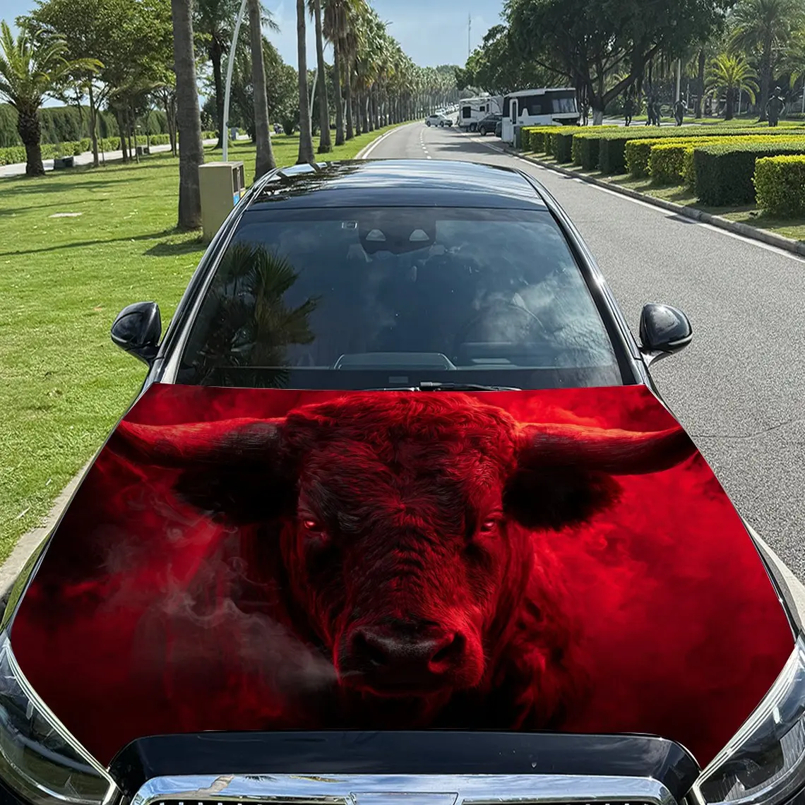 

Fierce Red Bull with Smoke Effects Car Vinyl Wrap, PVC Material Waterproof Car Hood Sticker, Self-Adhesive Scratch-Resistant Sti