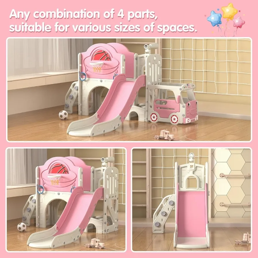 9 in 1 Toddler Slide BusThemed Slide and Climber Playset with Basketball Hoop RingToss Car Playhouse Telescope Freestanding Ind