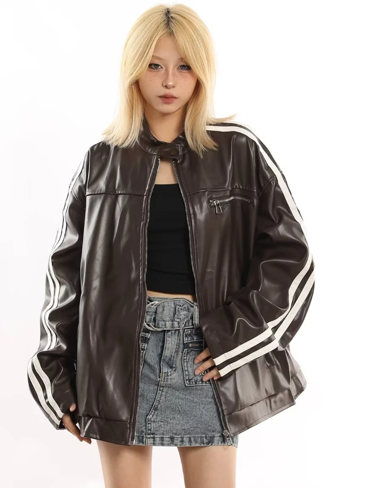 Jackets Women Autumn American Retro Hip Hop Locomotive Style Pu-leather Long Sleeve Contrast Color High Street Unisex Outwear