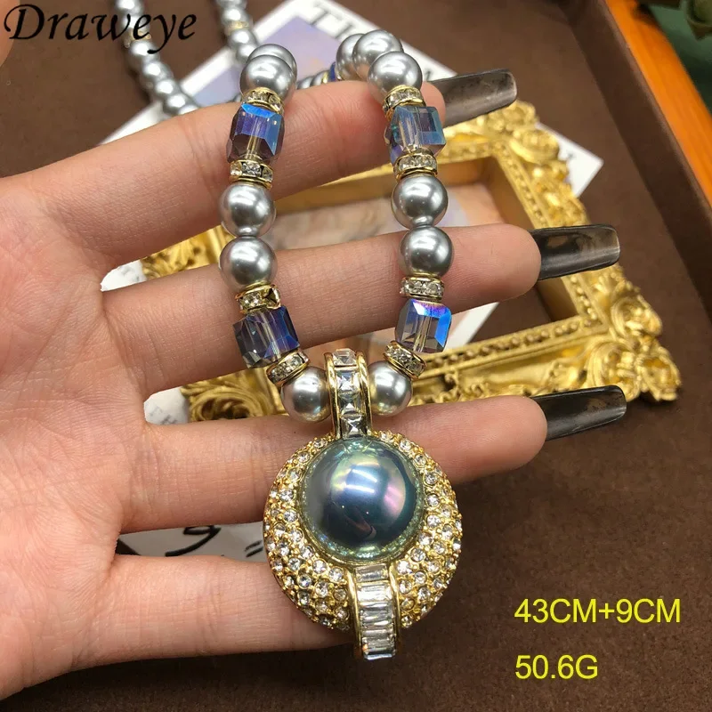 Draweye Baroque Grey Pearls Necklace for Women Crystal Vintage Korean Fashion Collares Para Mujer Luxury Elegant Jewelry