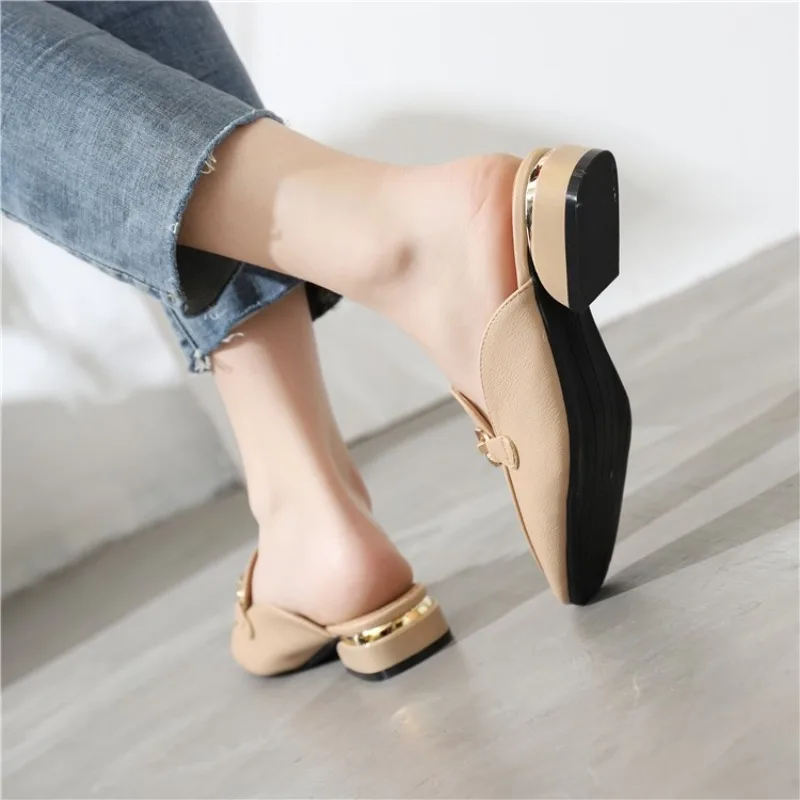 New Elegant Women Designer Round Toe Slippers Fashion Metal Lady Slippers Sweet Black Female Mules Beach Outside Shoes