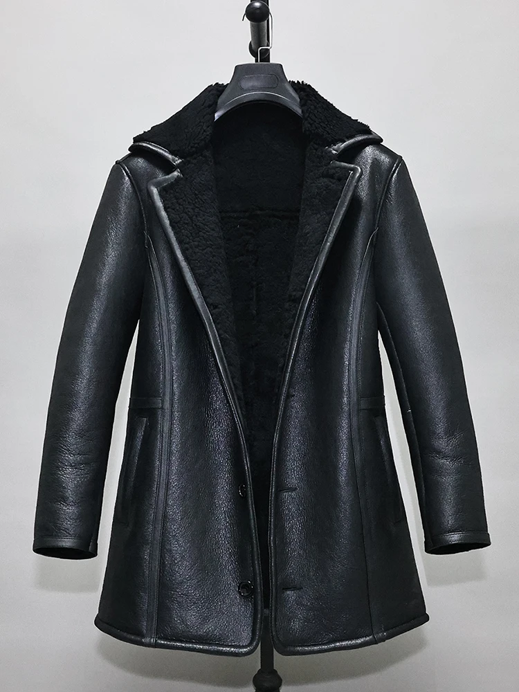 

Original Ecological Sheepskin Shearling Trench Coat Men's Black Genunie Leather Jacket Men Mid-Length Winter Thick Warm Coats