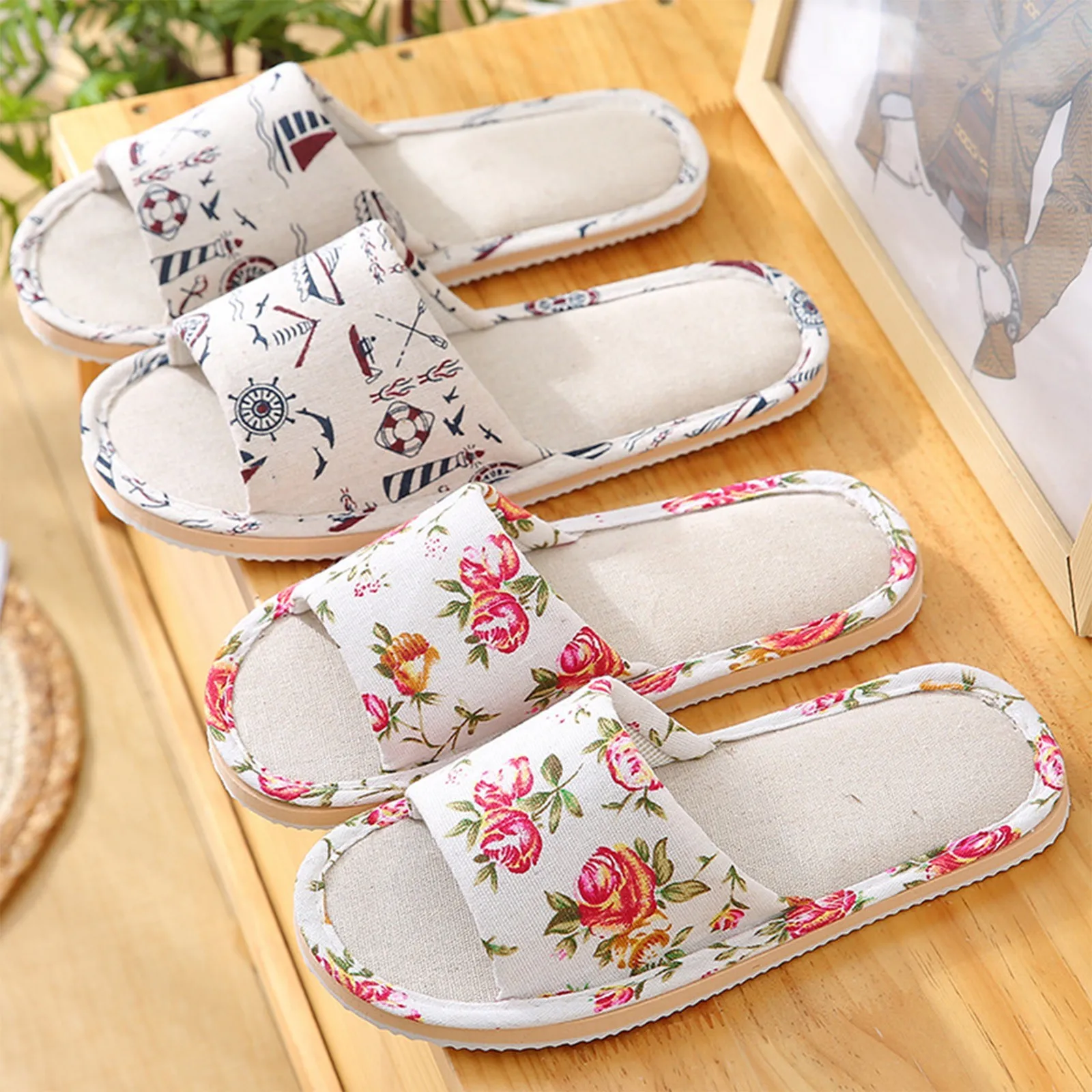 Unisex Soft-Soled Printed Slippers Khaki Rose Red Rose Print Branch Print Neutral Home Print Slippers Stylish And Comfortable