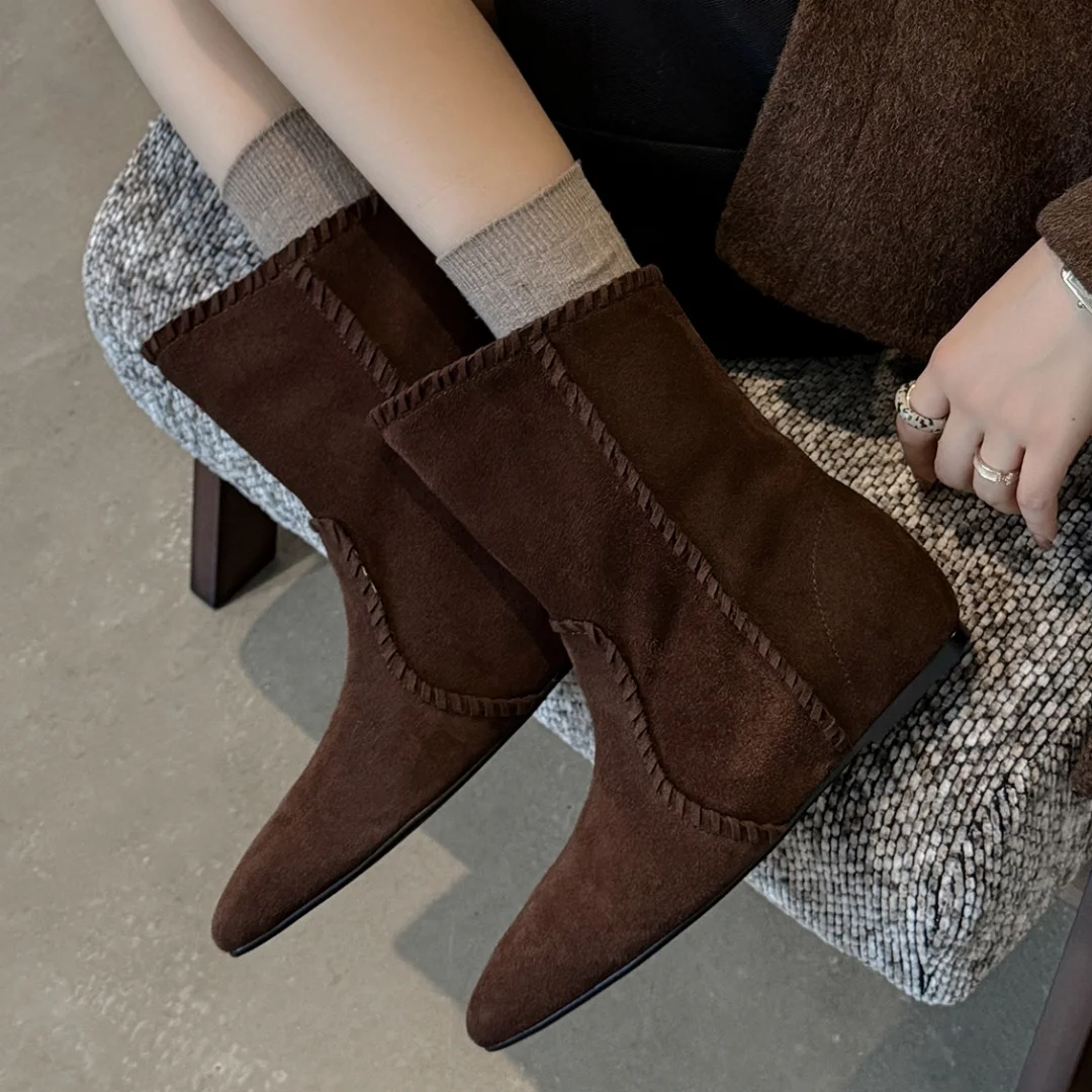 

Женские осенние ботильоны без шнуровки из натуральной замши с острым носком на плоской подошве, высококачественные мягкие удобные повседневные женские короткие ботинки