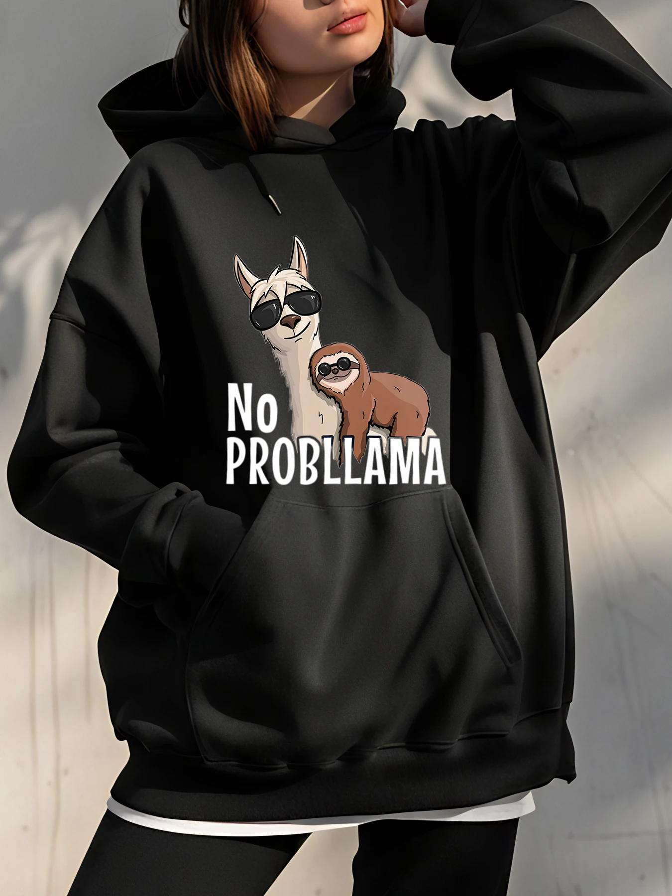 

Толстовка с принтом «Нет проблем, лама и ленивец», повседневная толстовка унисекс для женщин и мужчин, уличная модная одежда