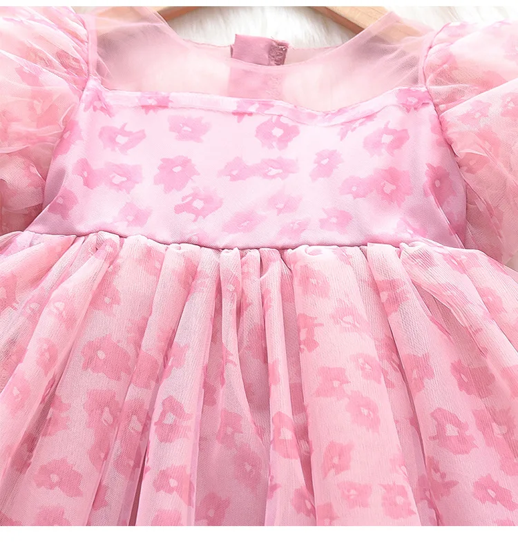 Summer New Pink Mesh Clothes Children Pearl Puff Sleeve Dresses Girl Sweet Princess Dress Cute Tutu Children Skirt With Headband