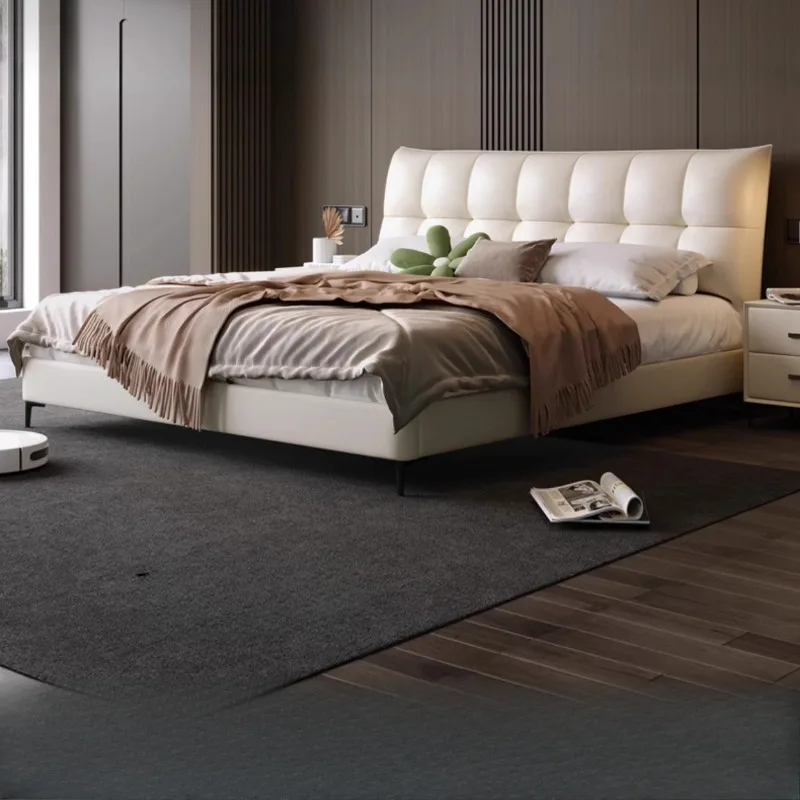 سرير مزدوج أبيض ثقيل مصنوع من الجلد وبسيط وعالي وحديث وإطار سرير مزدوج للتخزين أثاث غرفة نوم كاما الزوجية الفاخرة #3