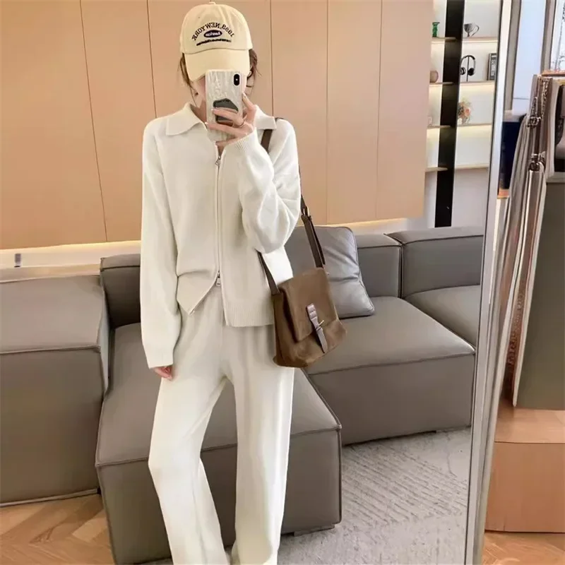 Korean style lazy style lapel sweater suit autumn and winter new zipper loose knitted wide-leg pants two-piece set for women