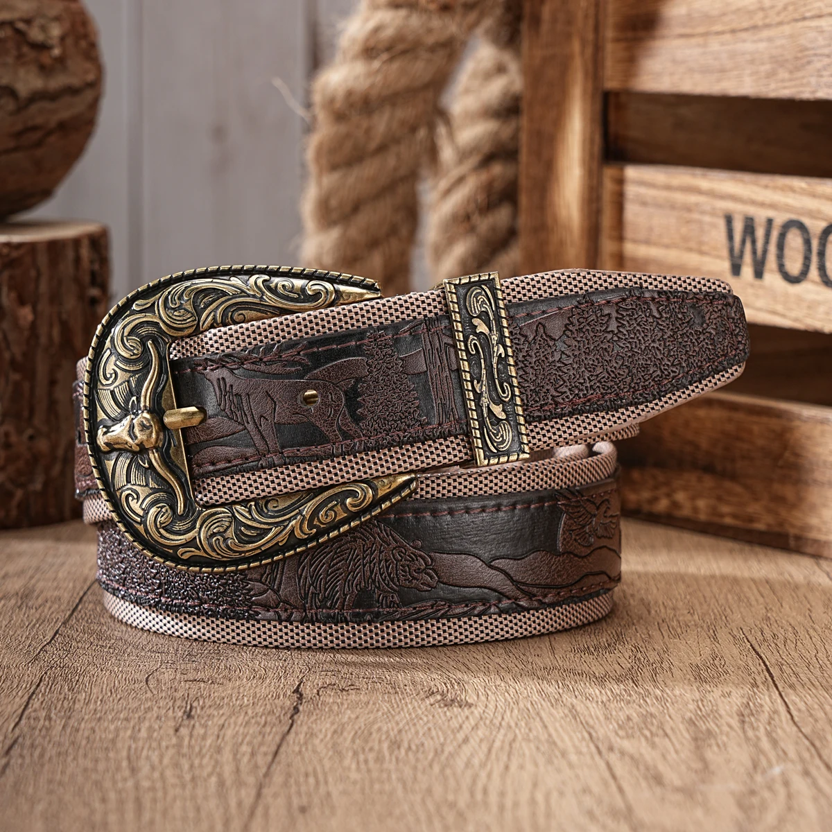 1 piece - Retro Western-style belt - Men's jeans belt - Metal embossed buckle - PU leather embossed pattern  Workwear style belt