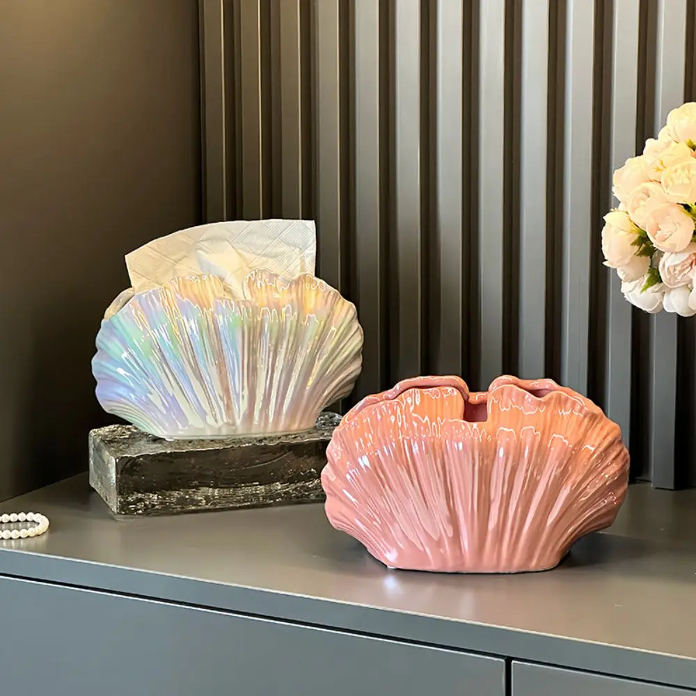 Glazed Ceramic Tissue Box Creative Ornament Desktop Napkin Case Wide Mouth Smooth Extraction Shell Shape Napkin Holder Home
