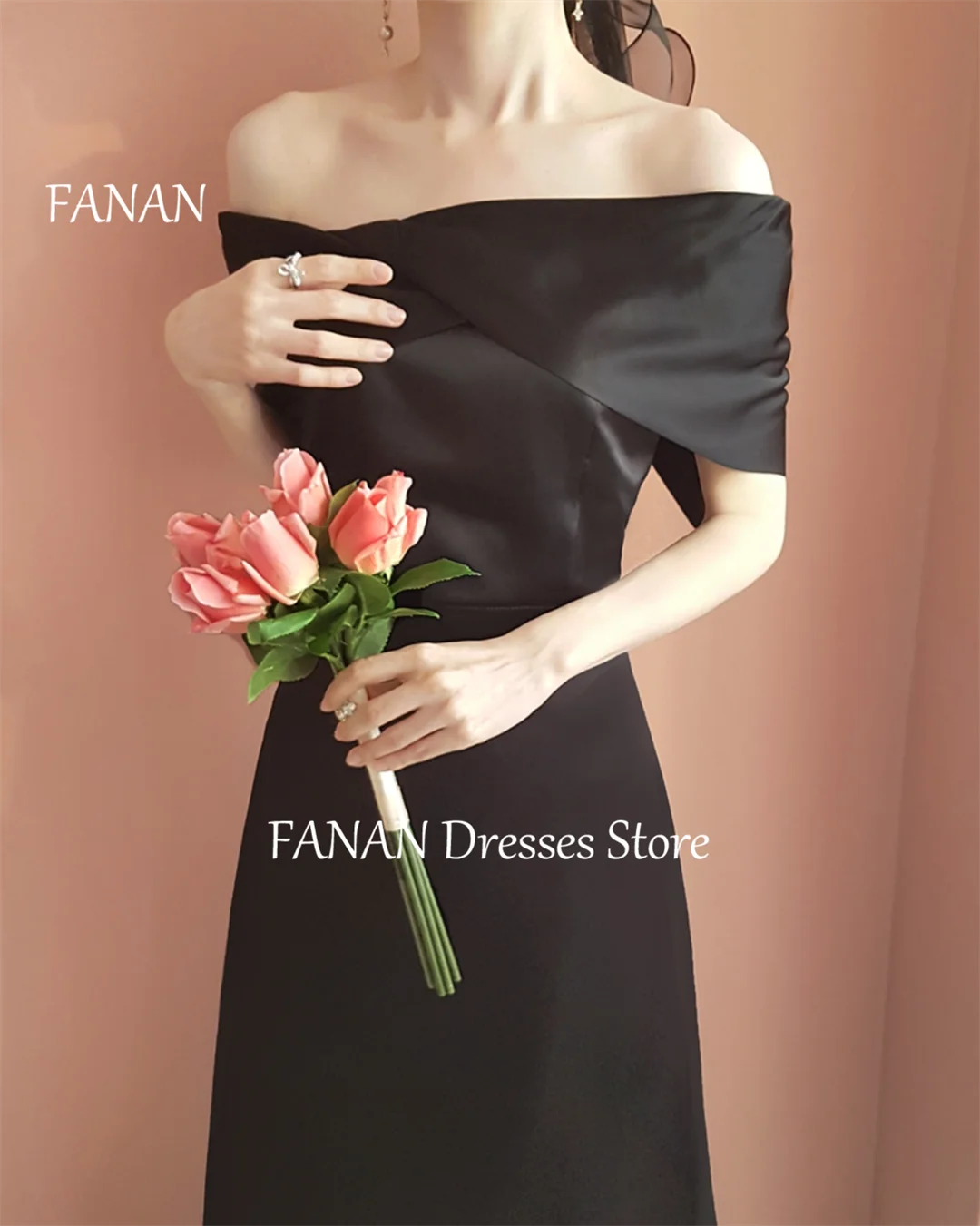 FANAN Off Shoulder Satin Short Sleeves Evening Party Dresses Customized Korea Black Wedding Women Formal Gowns Event Prom Gowns