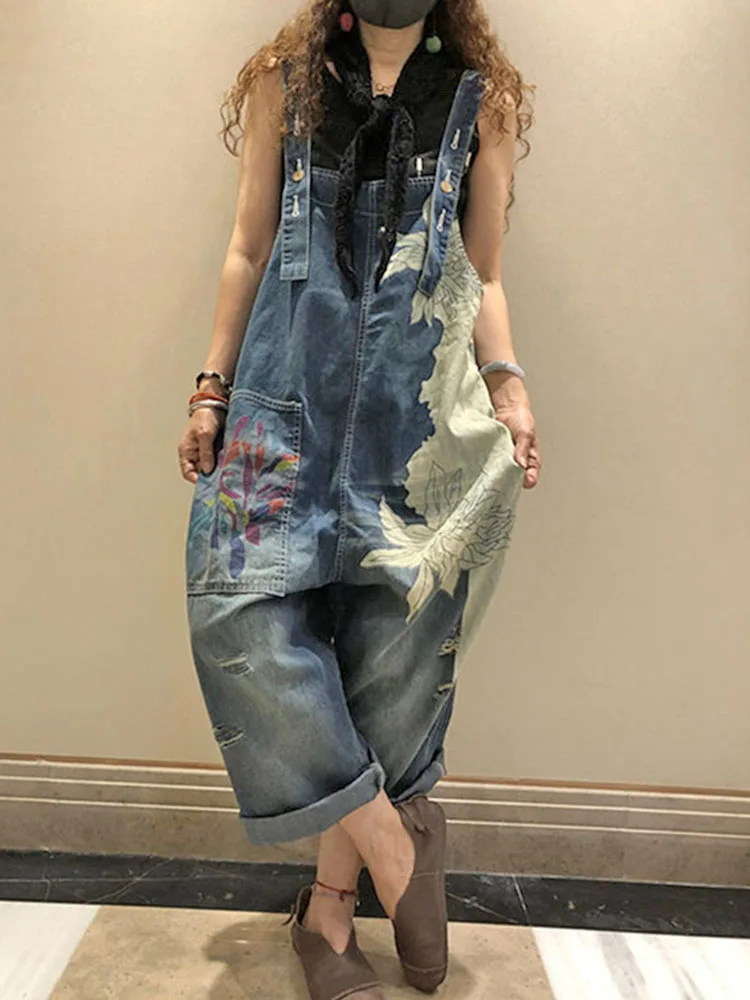 2023 Korean Females Fashion Overalls Ladies Spring Printed Denim Harem Pants Vintage Casual Jeans Womens Loose Vintage Trousers