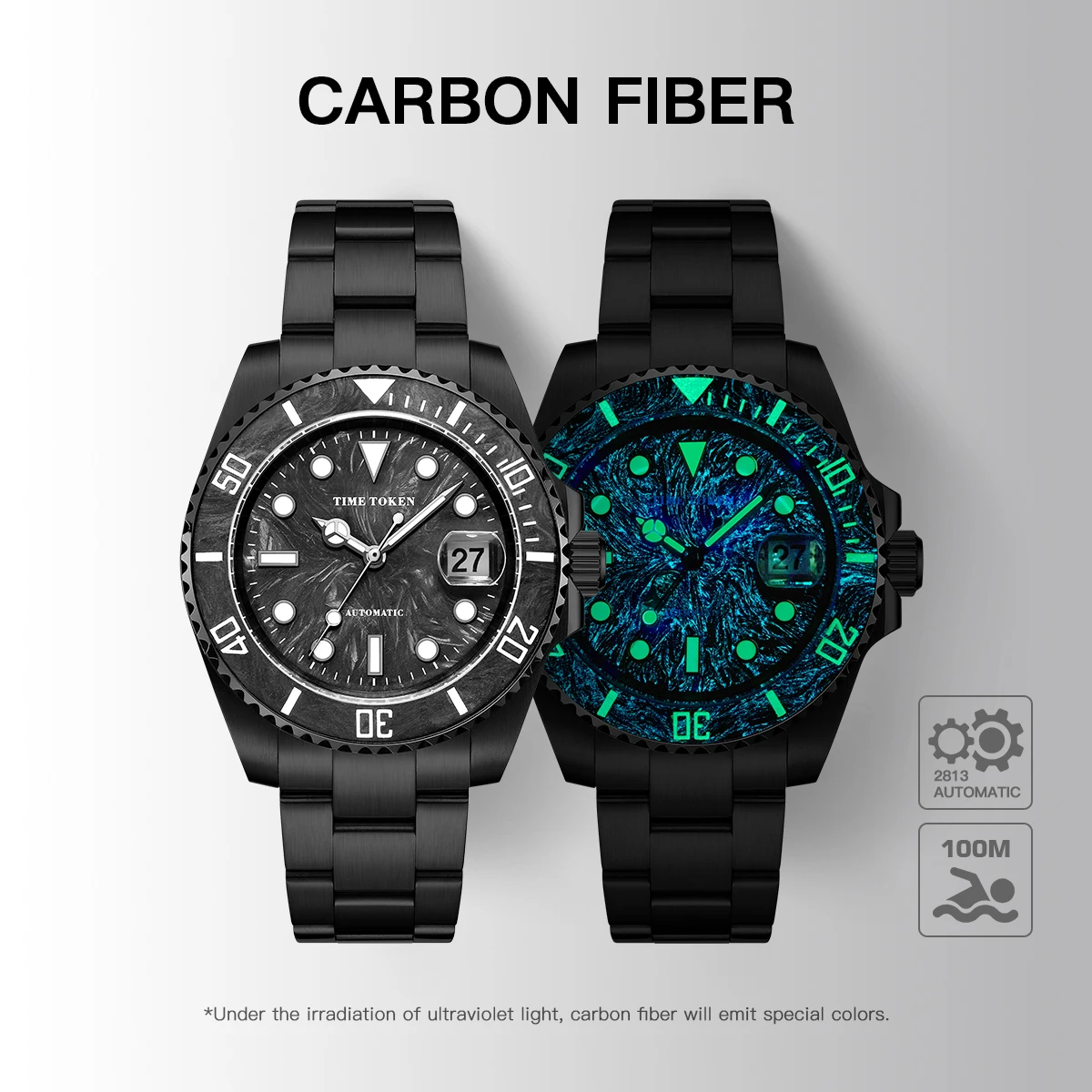 

Мужские часы TIME TOKEN Luminous Carbon Fiber 41mm Dive Watch, роскошные, с календарем, автоматическим механическим механизмом, сапфировым стеклом, водонепроницаемые до 10ATM.
