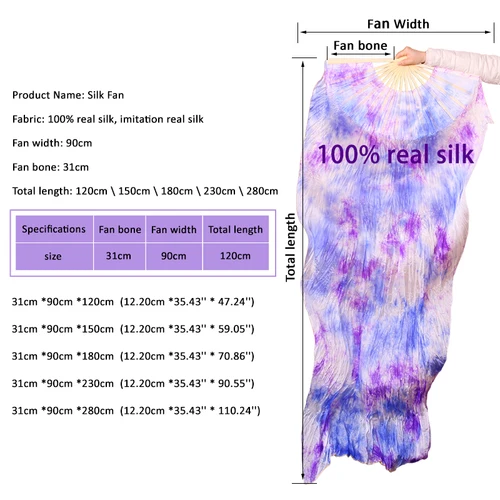 Imagen 2 del producto Velos de abanico de seda Natural 100% pura teñida para mujer, abanico para actuación de danza del vientre, trajes y accesorios para danza del vientre, 1 par