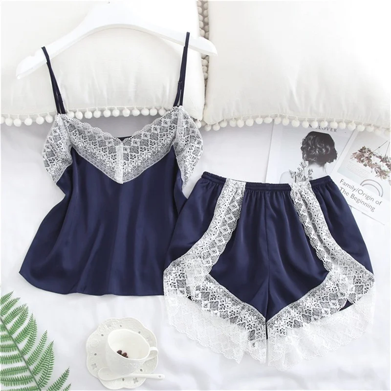 Sexy Lace Splicing Suspender Loose Shorts Two-Piece Pajama Set For Women