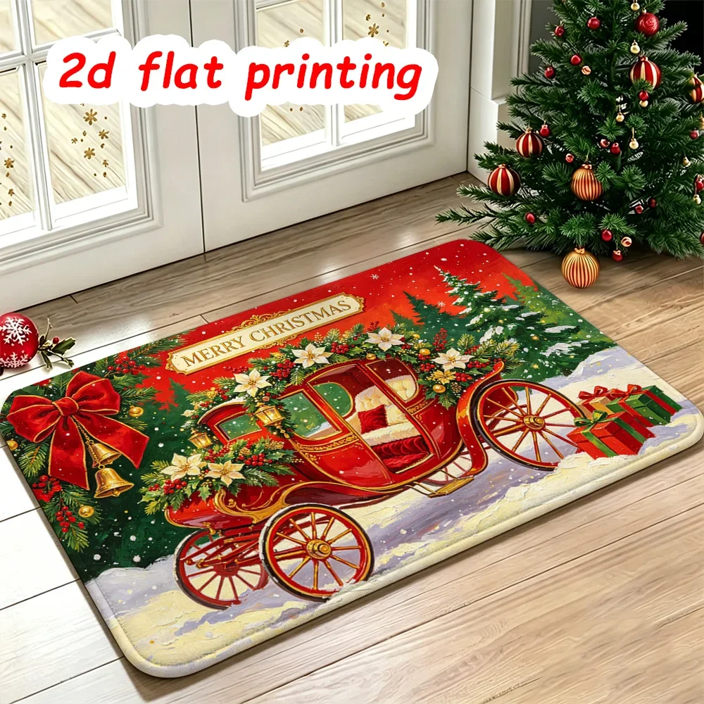 Beautiful Snowy Mountain Area Rug Christmas Snowman Floor Mat Red Sleigh Gift Box Welcome Rug Winter Home Doormat Decor