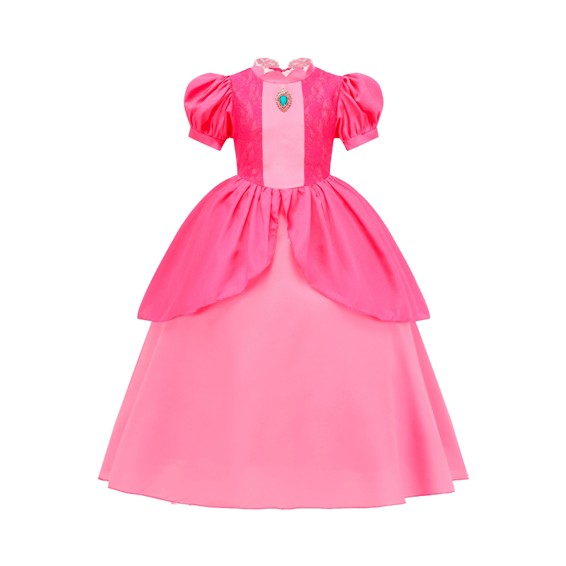 Vestido cosplay popular de princesa Peach para niña con cintura ajustada, falda abullonada, mangas abullonadas, vestido infantil, disfraz de Halloween
