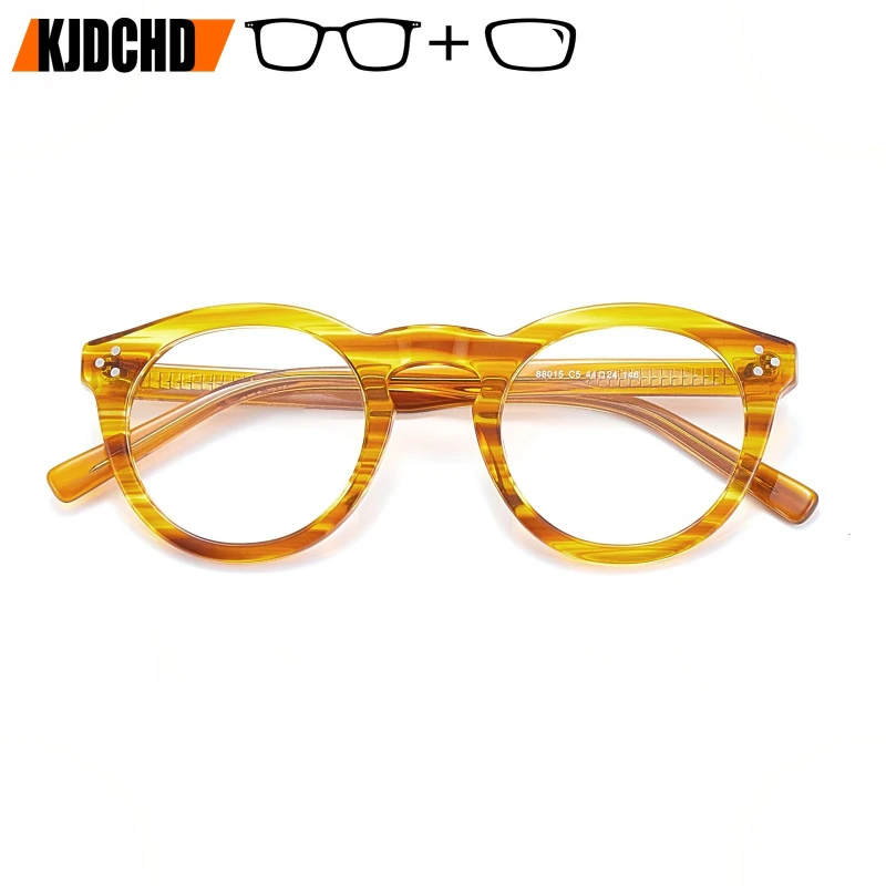 kjdchd-ファッションイエローラウンド累進度付きメガネ手作りアセテート近視眼鏡フォトクロミック光学眼鏡