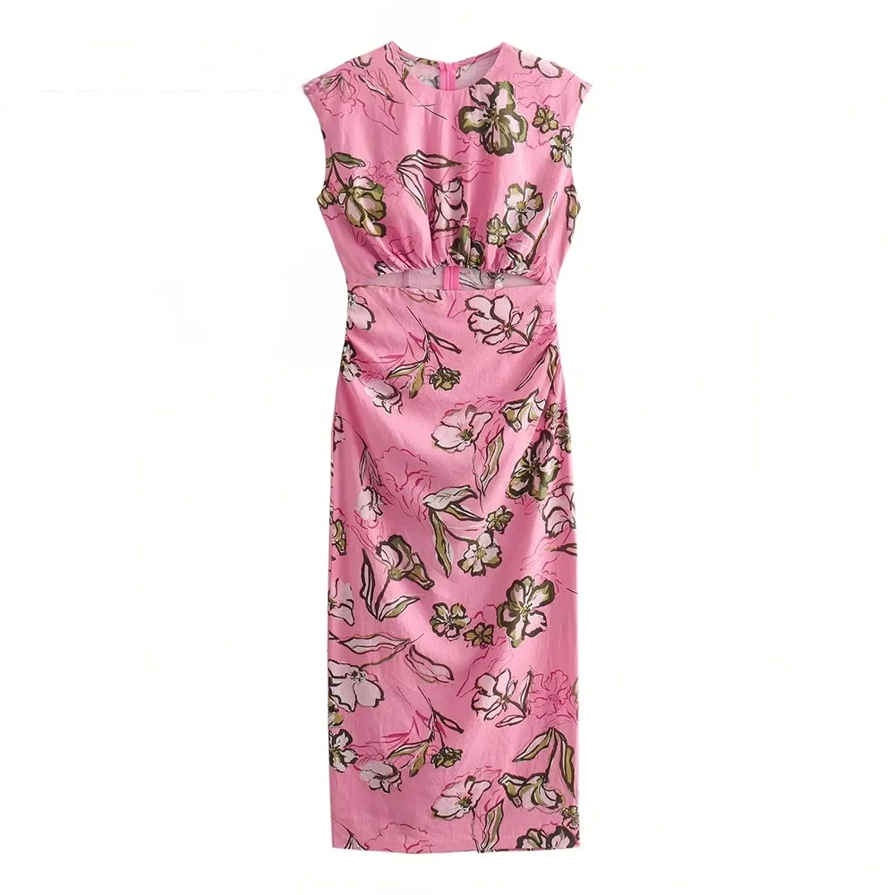KONDALA 2026 Spring Summer Sexy Women Print Flower Dress Fashion Elegant O Neck Slim Hollow Out Pencil Dress Chic Party Dress