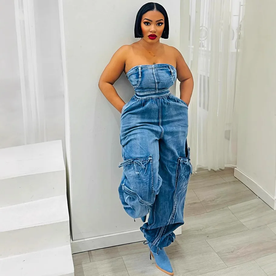 

2025 Новый синий джинсовый комбинезон без бретелек на шнурке, женский свободный облегающий модный модный индивидуальный летний стиль