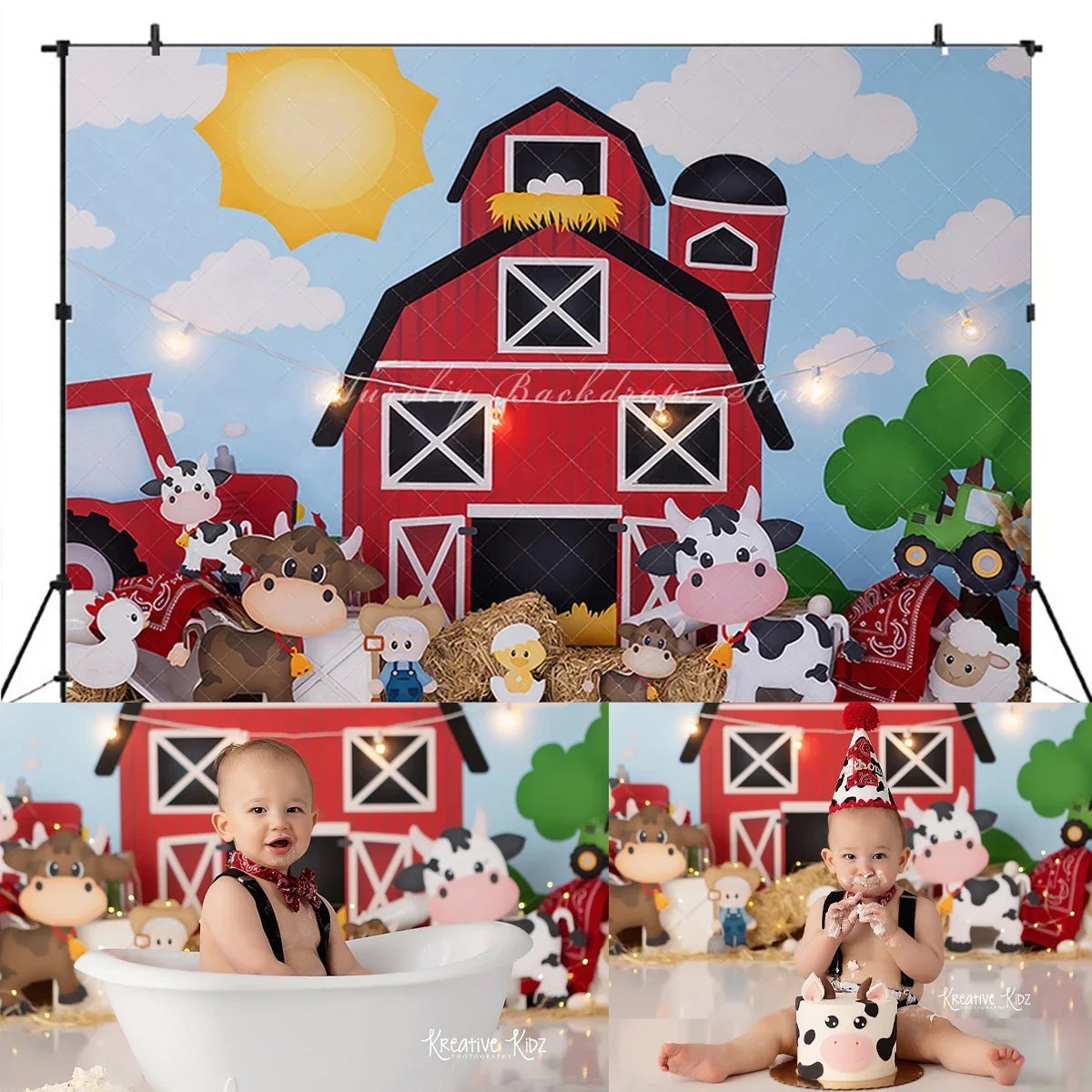 Rural Farm Backgrounds Birthday Cake Smash Kids Baby Photocall Props Child Adult Photography Decors Cow Tractor Backdrops