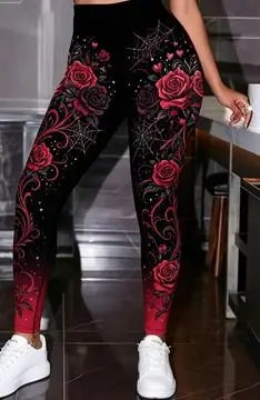 Women's Gothic Rose Print Leggings Black Red Spider Web Stretchy Slim Fit Skinny Pants Gradient Bodycon Trousers