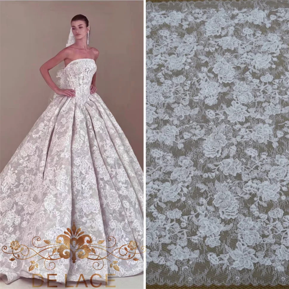

Изысканное французское кружево MGF с тяжелой вышивкой бисером и шнуровкой, кружево шантильи с узором «Цветущие цветы» для свадебных платьев, кружевная ткань