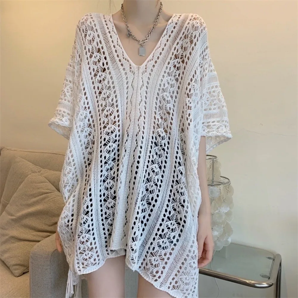 Oversized Hollow Out Swimsuit Cover Up Crochet Sweater V-neck Knitted Bikini Cover Up Loose Fishing Net Beach Wear Streetwear