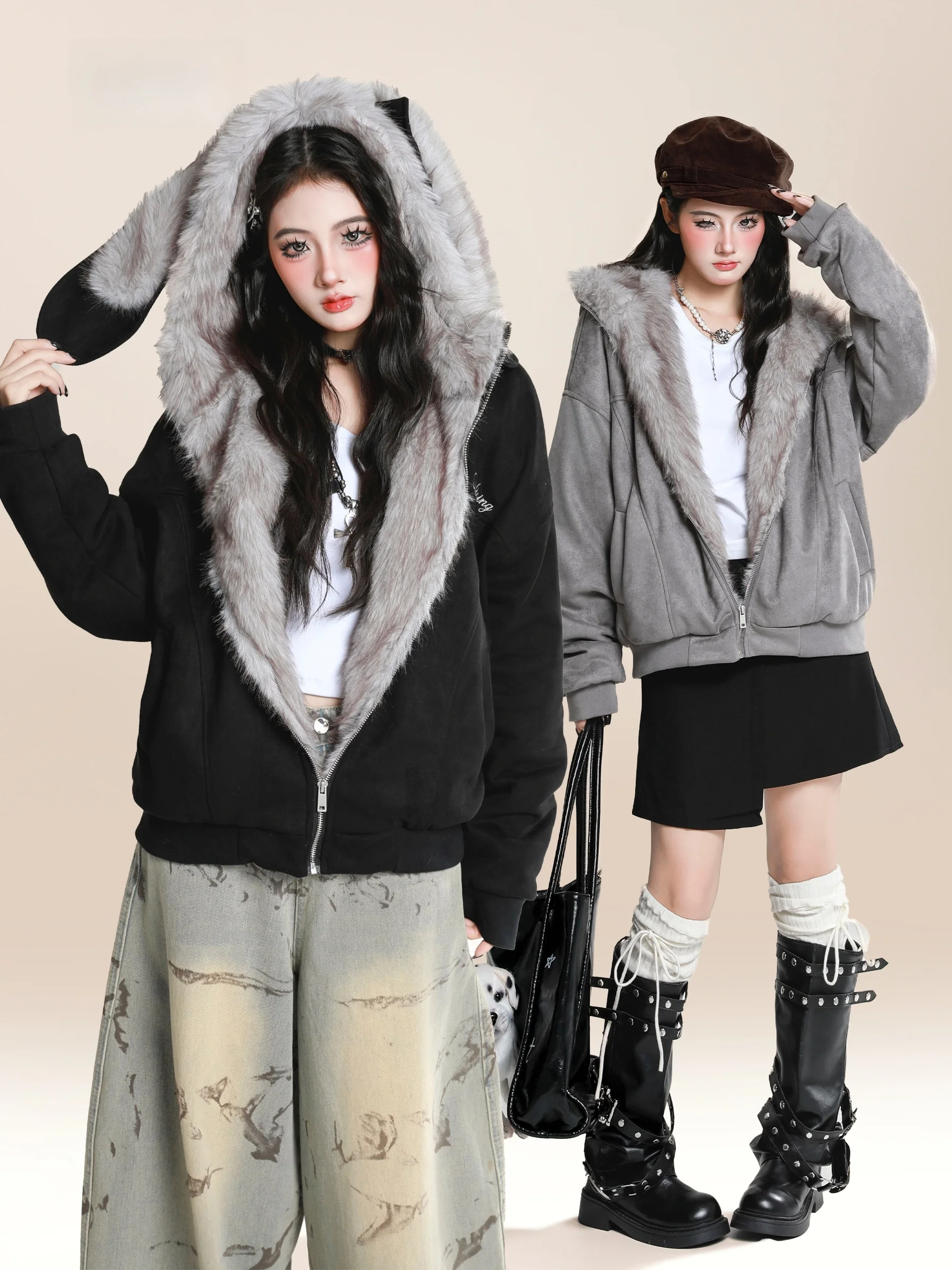 

HM Ретро съемный хлопковый джет с кроличьими ушками и горным орлом, женское зимнее теплое хлопковое пальто с хутряным воротником