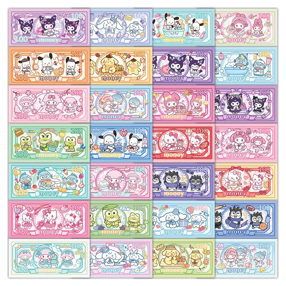 28pcs Funny Cartoon Sanrio Banknote Stickers Aesthetic Hello Kitty Kuromi Decal for Phone Fridge Guitar Car Kawaii Anime Sticker