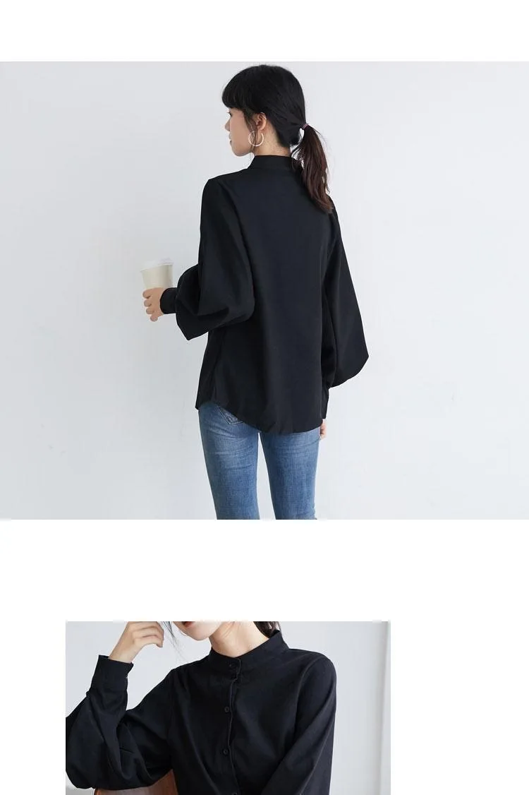 FSMG-Women Vintage Shirt with Stand Collar,Lantern Sleeves, Single-Row Button, Office Graceful Top, Trendy, Black, Spring/Autumn