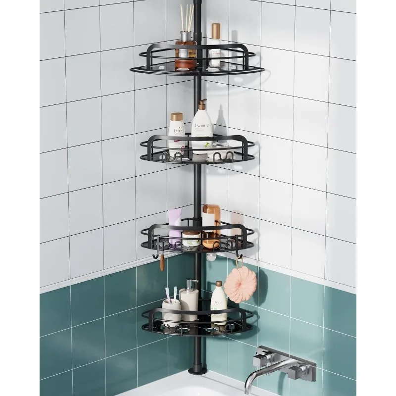 Corner Shower Caddy Tension Pole, 4-Tier Bathroom Organizer Shelves,  for Bathtub Shampoo Storage 37-113 Inches