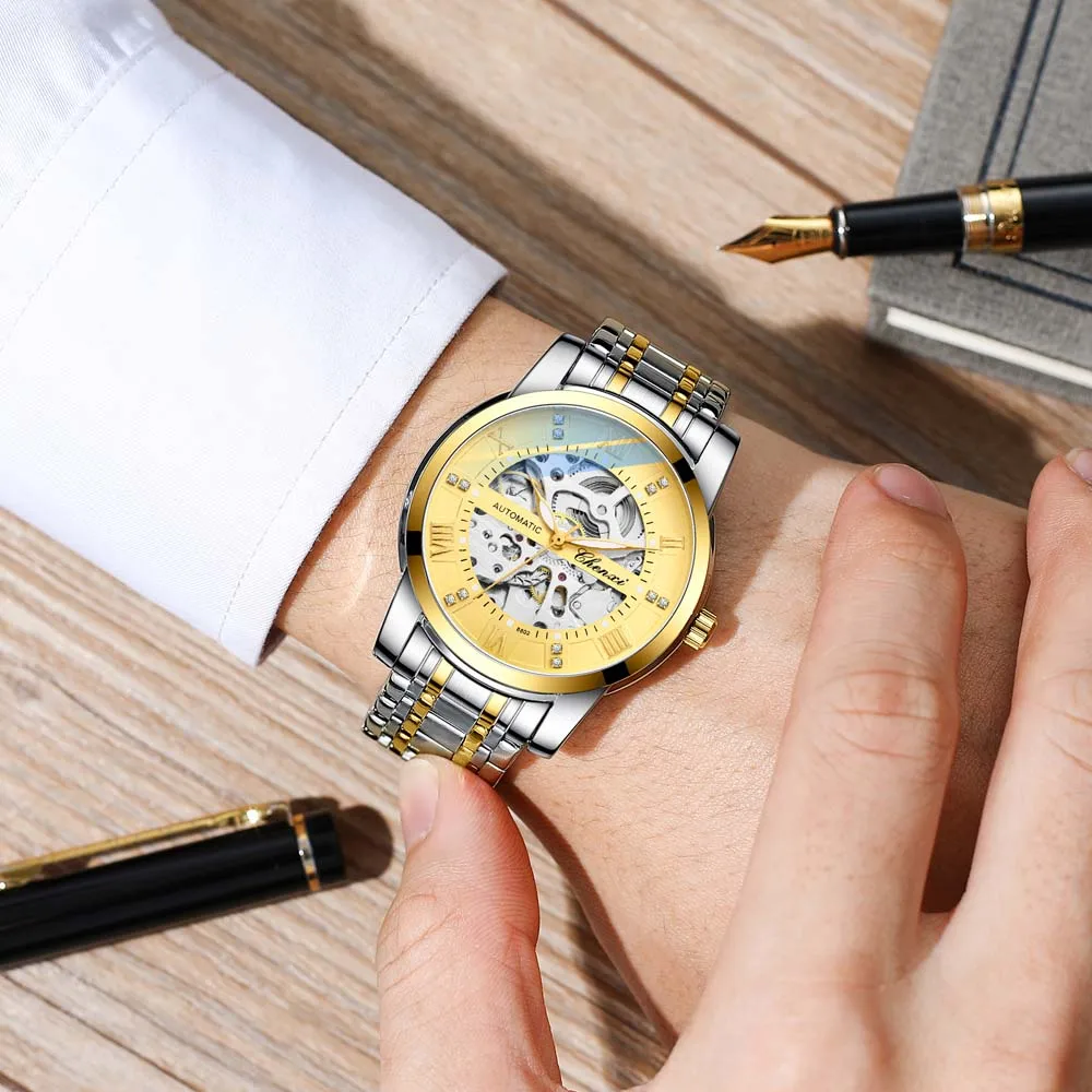 CHENXI 남성용 속이 빈 자동 기계식 시계 세련된 비즈니스 방수 매일 사용 시계 남성용 Reloj Hombre