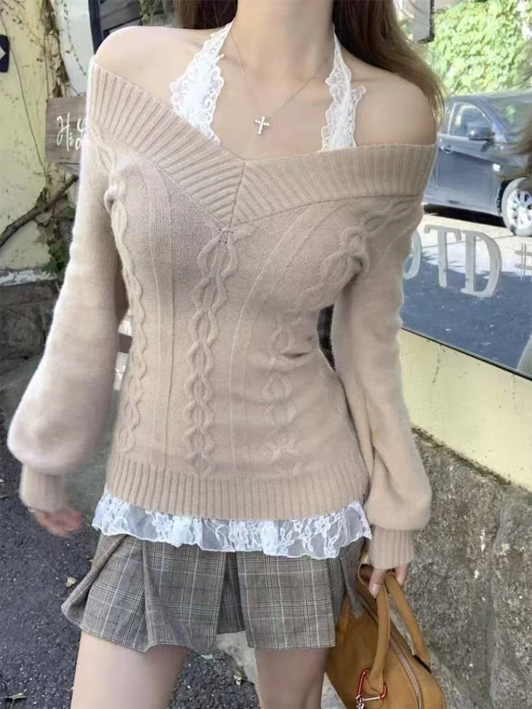 Elegant  Vintage V-neck Knitted Tops Women Sweet Hot Girl Sexy Slim Sweaters Autumn Casual Fashion Long Sleeve Pullover New