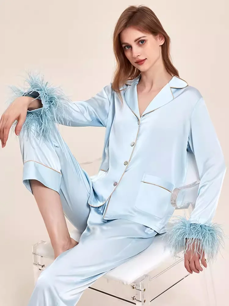 

Feather Silk Two-piece Pajama Set Long Sleeve Women's Spring Autumn Homewear Satin Nightwear 100% Mulberry Silk Home Clothes