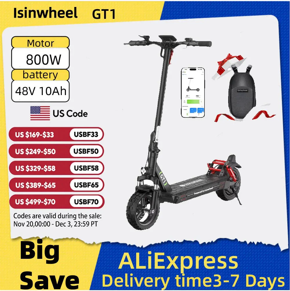 

Isinwheel GT1 Adult Electric Scooter 48V 10Ah Battery 10" pneumatic off road tire Foldable E-scooter