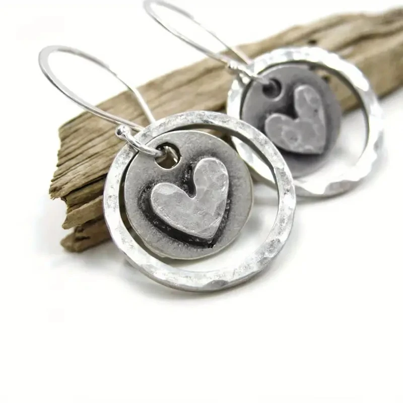 Artistic Style Vintage Heart Dangle Earrings For Women Hammer Pattern Silver Plating Earrings Daily Simple Fashion Jewelry