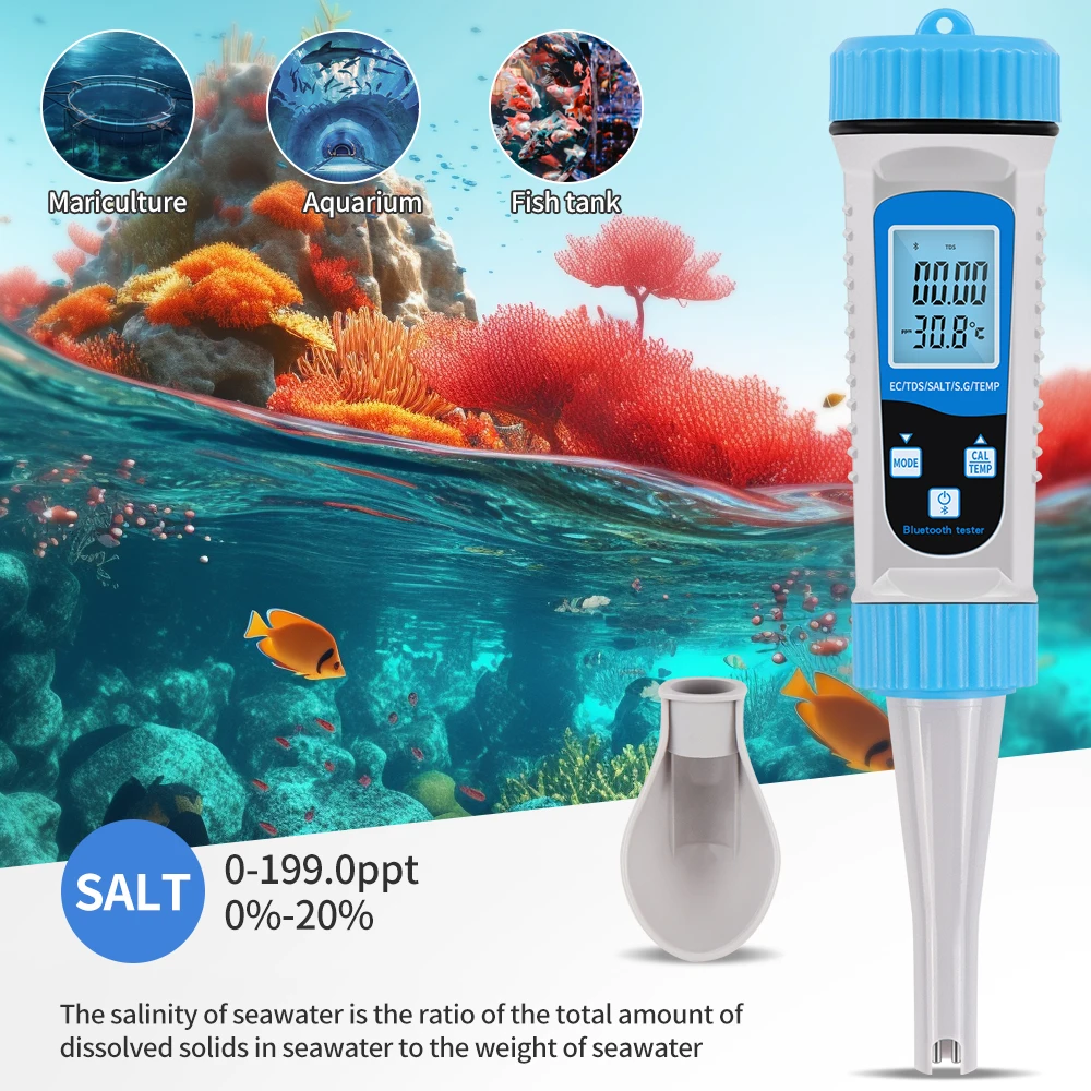 Tester di qualità dell'acqua 5 in 1 Bluetooth EC TDS SALT SG TEMP 2 metodi di calibrazione trasferimento dati in tempo reale per acquario idroponico